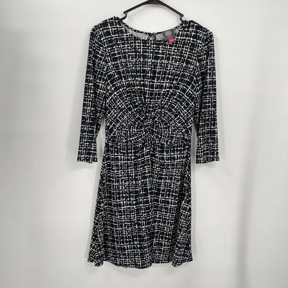 Vince Camuto 8 Sheath Dress Womens Black White Grid Twist‎ Front 3/4 Sleeve